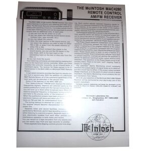 McIntosh MAC4280 Receiver and WS 200 Speaker Techni-Data Quicksheets Vintage